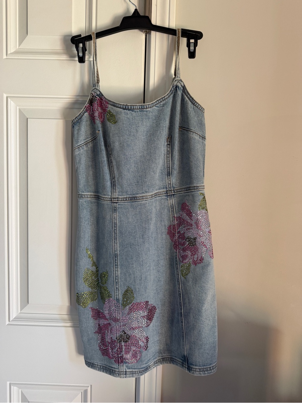 Steve Madden Light Wash Denim Mini Dress with Pink Floral Rhinestones